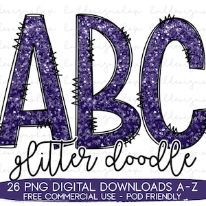Purple Glitter Doodle Letters Png, Purple Font Png, Purple Sublimation, Purple Alphabet Png, Commercial Use Font Png, Doodle Font Alphabet