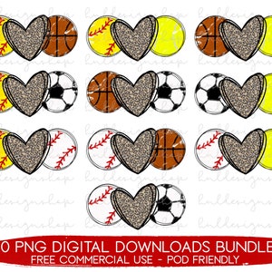 K&ouml;nnte beinhalten: Ein Set mit 10 digitalen Downloads, die ein Herzdesign mit einem Leopardenmuster-Overlay zeigen. Jedes Herz wird mit einem anderen Sportball kombiniert, darunter Baseball, Basketball, Fu&szlig;ball, Softball und Tennis. Der Text "10 PNG DIGITAL DOWNLOADS BUNDLE FREE COMMERCIAL USE - POD FRIENDLY" befindet sich am unteren Rand des Bildes.