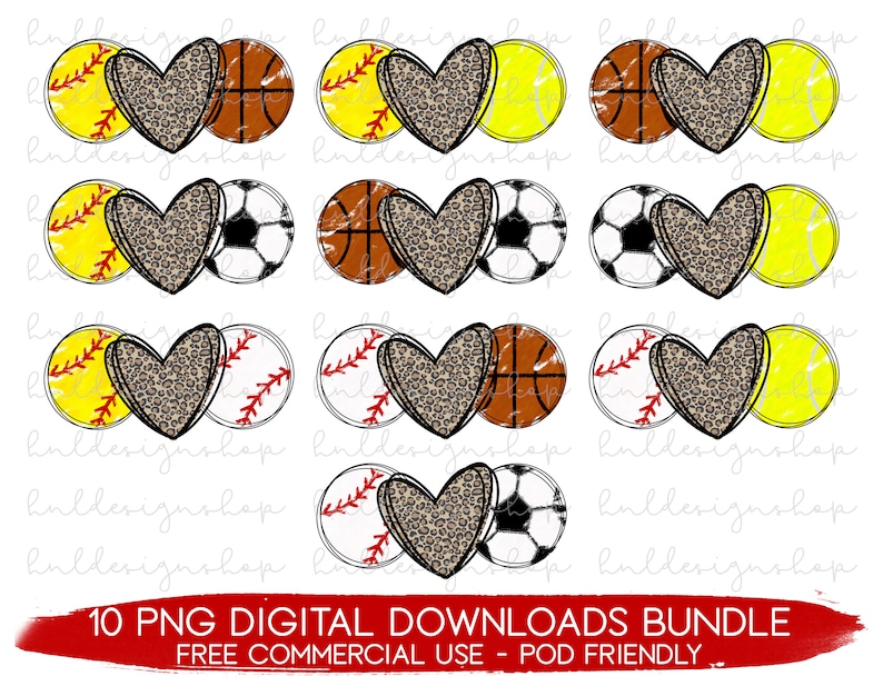 K&ouml;nnte beinhalten: Ein Set mit 10 digitalen Downloads, die ein Herzdesign mit einem Leopardenmuster-Overlay zeigen. Jedes Herz wird mit einem anderen Sportball kombiniert, darunter Baseball, Basketball, Fu&szlig;ball, Softball und Tennis. Der Text "10 PNG DIGITAL DOWNLOADS BUNDLE FREE COMMERCIAL USE - POD FRIENDLY" befindet sich am unteren Rand des Bildes.