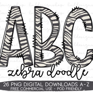 Zebra Print Doodle Letters PNG, Zebra Font Png, Zebra Print Sublimation, Zebra Alphabet Png, Gray Zebra Print Png, Zebra Png Shirt Designs