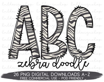 Zebra Print Doodle Letters PNG, Zebra Font Png, Zebra Print Sublimation, Zebra Alphabet Png, Gray Zebra Print Png, Zebra Png Shirt Designs