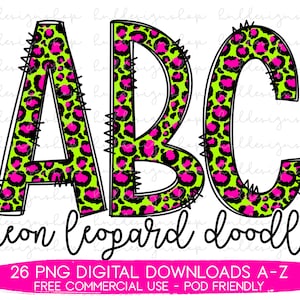 Neon Leopard Print Doodle Letters PNG, Leopard Font Png, Leopard Print Sublimation, Leopard Alphabet Png, Pink Lime Green Leopard Png