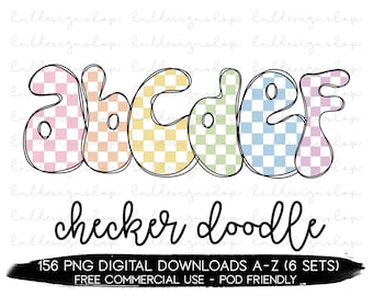 Set Of 6 Checker Doodle Letters Png, Checker Font Png, Easter Sublimation Design, Retro Spring Png, Pastel Doodle Letter Retro Easter Design