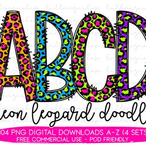 SET OF 4 Neon Leopard Print Doodle Letters PNG, Bundle Leopard Font Png, Leopard Print Sublimation, Leopard Alphabet Png Rainbow Leopard Png
