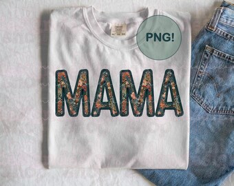 Mama bordada falsa PNG, letras bordadas falsas, bordado falso PNG y otoño, Mama otoño PNG para sudadera, Mama bordada floral
