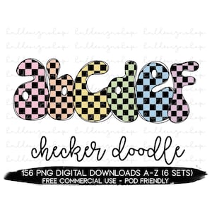 Conjunto de 6 Checker Doodle Letters Png, Checker Font Png, Diseño de sublimación de Pascua, Retro Spring Png, Pastel Doodle Letter Retro Easter Design
