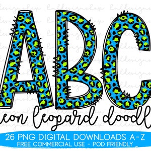 Neon Leopard Stampa Doodle Lettere PNG, Leopard Font Png, Leopard Print Sublimation, Leopard Alphabet Png, Cheetah Print Png Blue Leopard Png