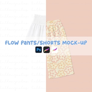 May include: A digital mock-up template for flow pants and shorts featuring a white pair and a pair with a repeating orange and pink flower pattern. The text FLOW PANTS/SHORTS MOCK-UP is centered with icons for Photoshop, Procreate, and Fresco software.
