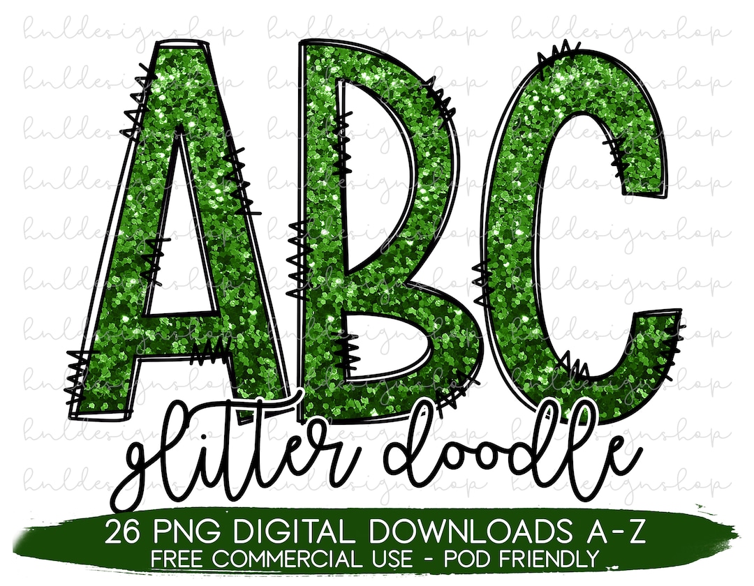 Green Glitter Doodle Letters Png, Glitter Font Png, Green Sublimation ...