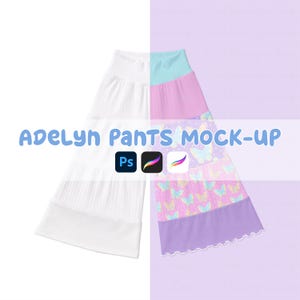Op de afbeelding: Gesplitste afbeelding van Adelyn broek mock-up. Eén kant toont witte geribbelde broek, de andere kant toont kleurrijke broek met vlinderpatroon. De tekst "Adelyn Pants Mock-up" wordt in blauw weergegeven, met Photoshop- en Procreate-pictogrammen.