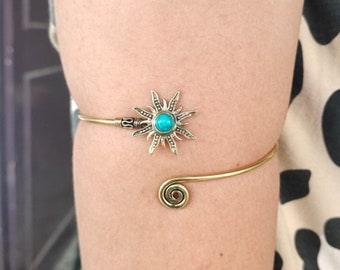 Gold Turquoise Sun Adjustable Arm Bracelet , Tribal Gemstone Crystal Festival Boho Jewelry , Upper Arm Cuff
