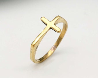 Anel de ouro com cruz e delicados anéis de noivado finos e empilháveis, joia cristã feita à mão, anel de compromisso para presente de dedo mindinho
