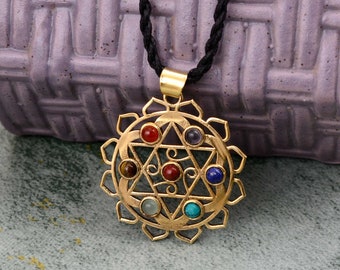 Brass 7 Chakras Stone Pendant, Handmade Pendant, Brass Pendant, Chakras Pendant Religious Jewelry, Gift for her, Gift for him, yoga lovers