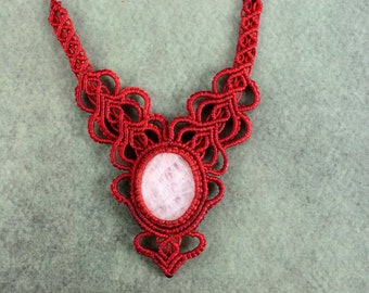 Macrame choker necklace with rose quartz, Rose quartz jewelry, Gift for her