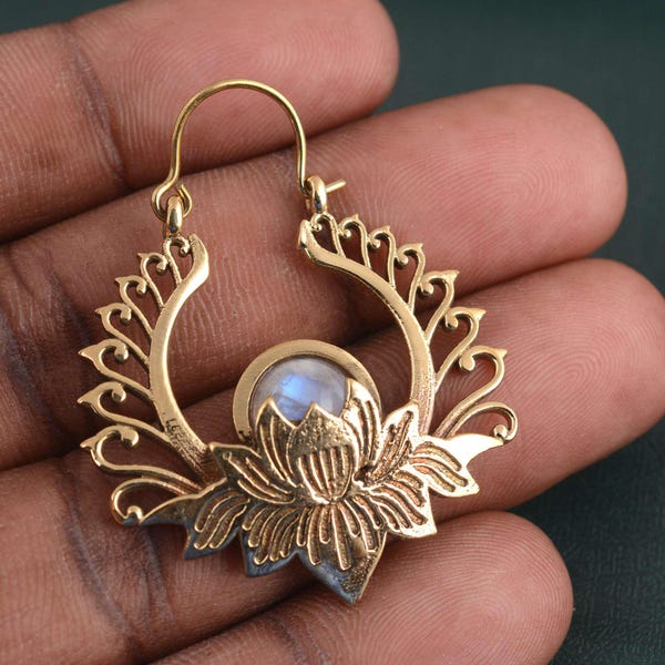 Lotus Moonstone Hoop Earrings: Boho Ethnic Jewelry
