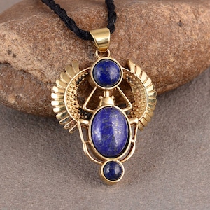 Lapis lazuli Scarab Necklace, Gold Vermeil Scarab Necklace, Blue Scarab Pendant, Egyptian Beetle Jewelry