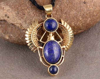 Lapis lazuli Scarab Necklace, Gold Vermeil Scarab Necklace, Blue Scarab Pendant, Egyptian Beetle Jewelry