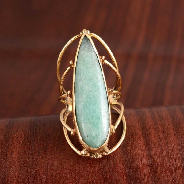 Anillo de larimar en forma de lágrima: joyería bohemia hecha a mano, piedra grande