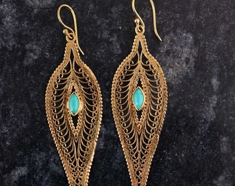 Gold Turquoise Dangle Earrings.