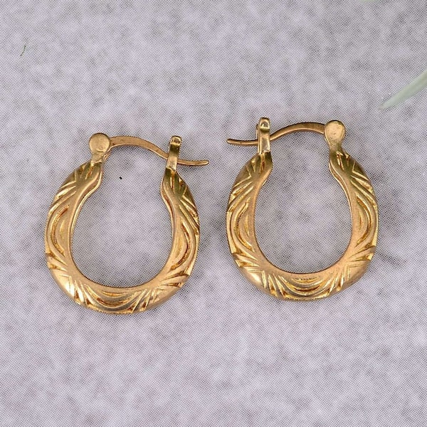 Gold Hollow Hoop Earrings, Filigree Vintage Hoop Earrings, Engraved Hollow Out Small Hoop Earrings