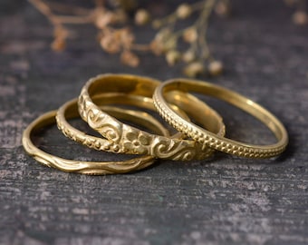 14K Gold Filled Stacking Ring Set: Smooth, Twist & Hammered Bands