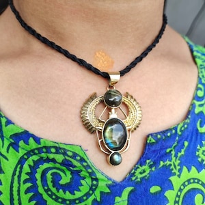 Scarab Necklace, Labradorite Scarab Pendent, Beatle Jewelry, Egyptian Scarab, Kephri, Labradorite, Egyptian Revival Inlay, Gifts For Her