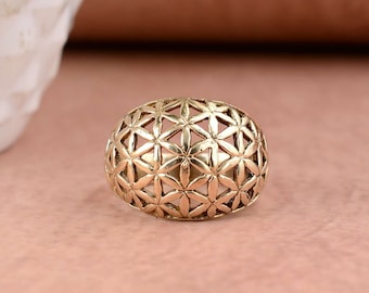 Handmade Flower of Life Ring Gold, Mandala Dome Ring, Seed of Life Ring, Gift for Her, Sacred Geometry Meditation Jewelry
