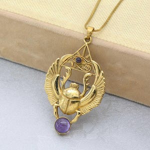 Amethyst Scarab Necklace, Gold Vermeil Scarab Necklace, Blue Scarab Pendant, Egyptian Beetle Jewelry