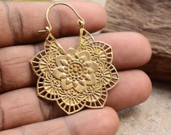 Boho Brass Flower Mandala Earrings: Vintage Bohemian Jewelry