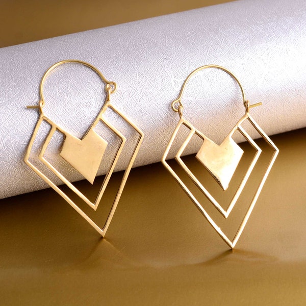 Pendientes de aro de rombo, aros de oro fino, pendientes geométricos grandes, pendientes de aro únicos, pendientes de aro grande, regalo del día de las madres