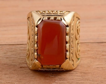 Handmade Natural Carnelian Gold Ring - Vintage Boho Men's Ring