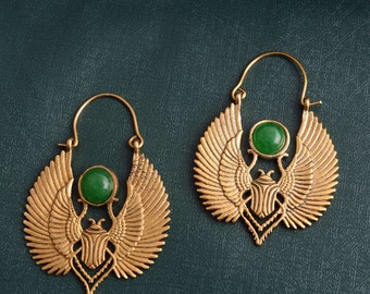 Brass Scarab Earrings: Green Onyx Egyptian Talisman Jewelry