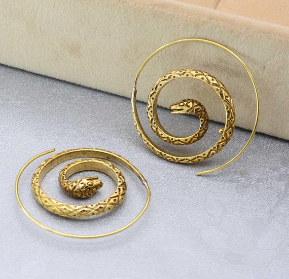Gold Spiral Snake Hoop Earrings: Bohemian Tribal Serpent Jewelry