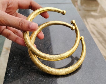 Golden Brass Indian Anklet Pair: Handmade Rajasthani Kada Bracelet