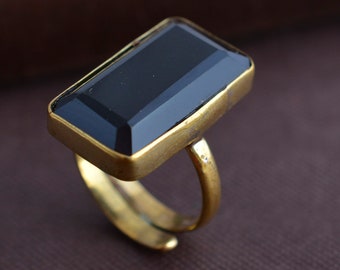 Handmade Black Obsidian Gold Brass Ring: Bohemian Protection Ring
