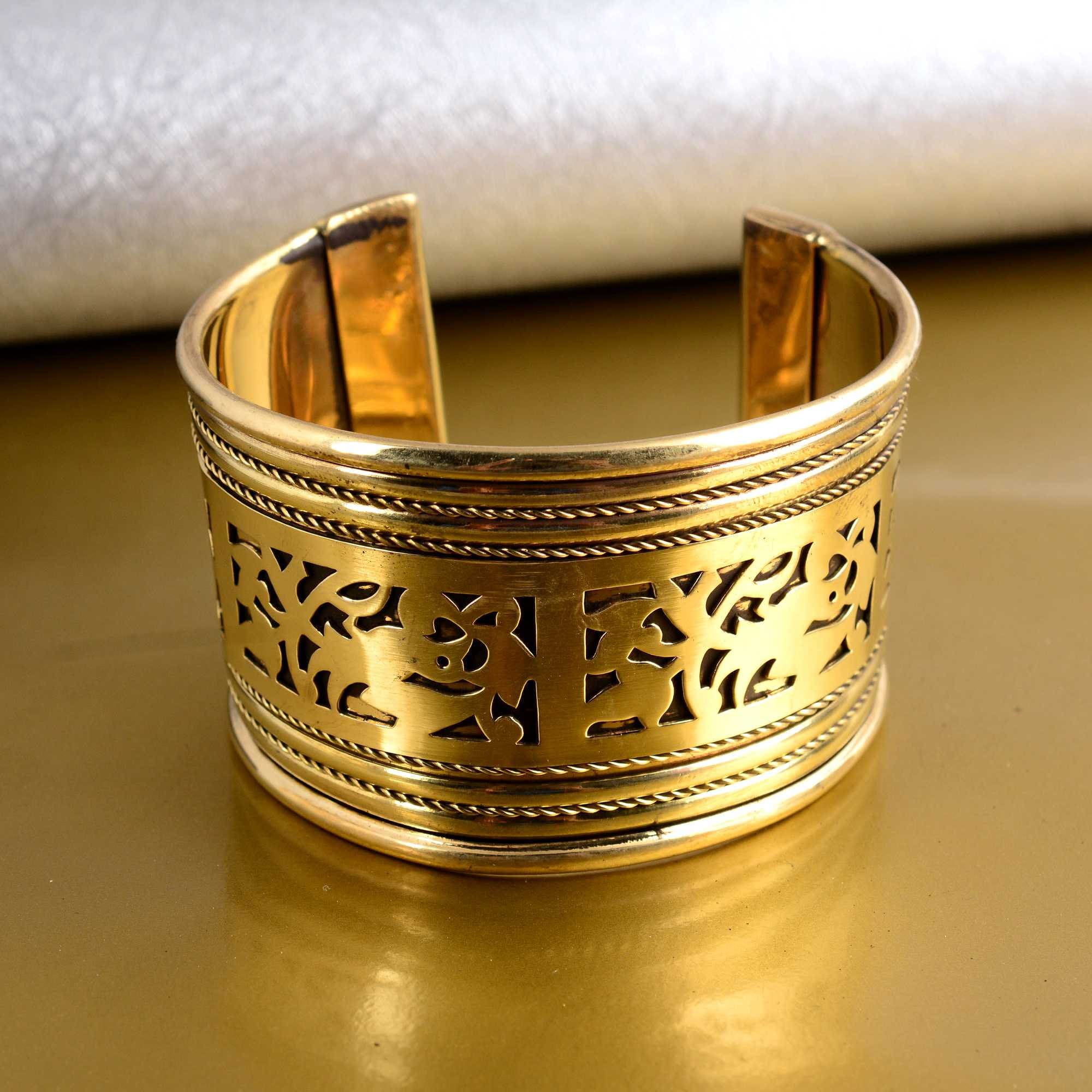 Brass Flower Patterned Cuff Bracelet - Adjustable Wide Bangle - Etsy