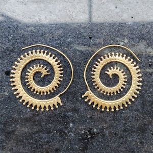 Brass Spiral of Life Hoop Earrings: Gold Statement Earrings