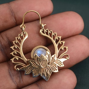 Lotus Moonstone Hoop Earrings: Boho Ethnic Jewelry