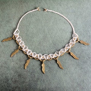 Macrame Choker: Boho Necklace with Gold Feather Charms