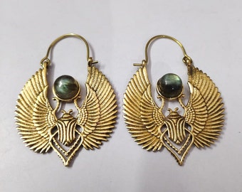 Brass Labradorite Scarab Earrings: Egyptian Talisman Jewelry
