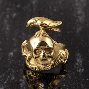 Skull Head Ring, Gold Skull Ring, Bird Ring, Skull Ring, Gothic Ring, Brass Bird Ring, Biker Punk Ring, Gothic Jewelry