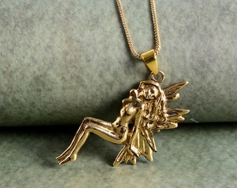 Gold Fairy Pendant: Aged Finish Necklace