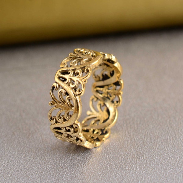 Gold Filigree Women's Band Ring, Gold Antique Floral Wedding Ring, Wide Gold Band, Open Filigree Band