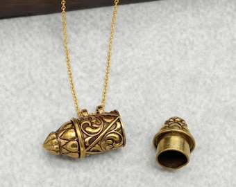 Handmade Brass Amulet Box Pendant, Ornate Talisman Charm Necklace