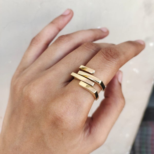 Gold Bar Ring Moderne Gouden Ring, 4 Line Ring, Statement Ring, Minimale Ring, Mannenring, Cadeau voor hem, Geometrische Ring, Boho Ring