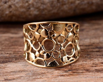 Brass Wide Band Ring: Geometric Circle Statement Ring