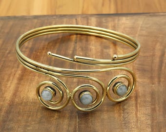 Gold Moonstone Upper Arm Cuff Arm Band Spiral Handmade Made of Brass, Jewelry