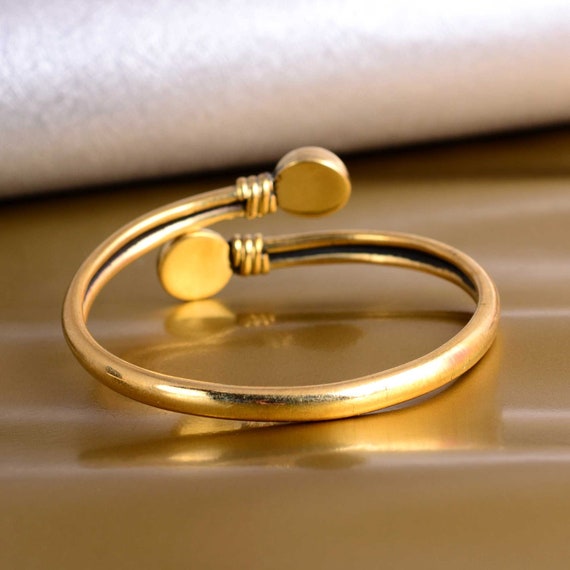 vintage Italy◯ball end open gold bangle◯ Vintage 14kt Yellow Gold Ball Cap End Bypass Open Cuff