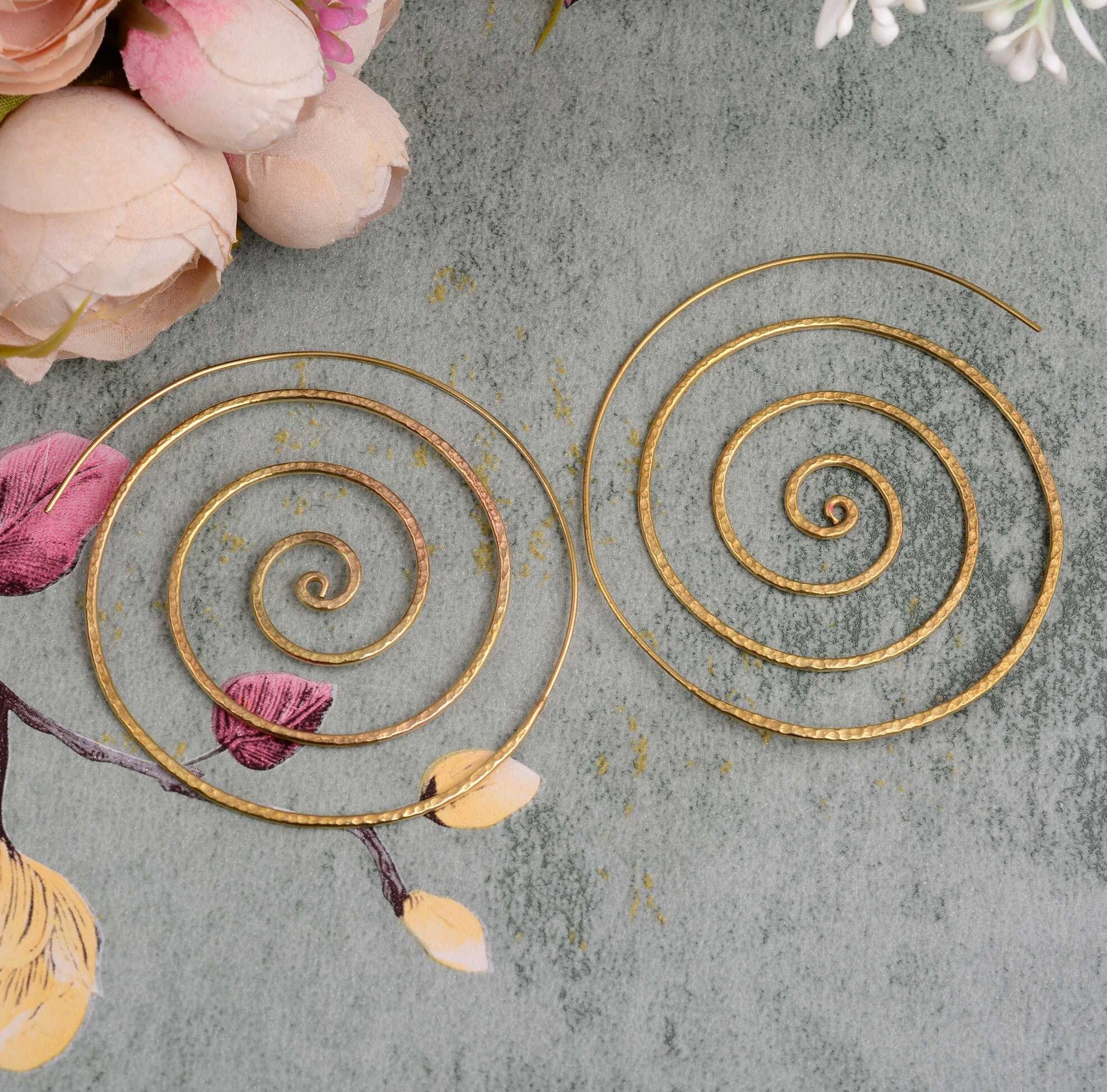 Gold Hammered Spiral Hoop Earrings: 'Spiral of Life' Design