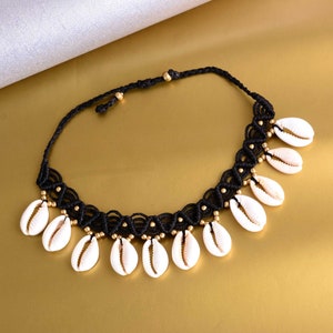 Cowrie Shell Puka Shell Seashell Adjustable Tropical Island Hawaii Beach Braided Wax Rope Choker Necklace, Summer Festival Vacation Necklace